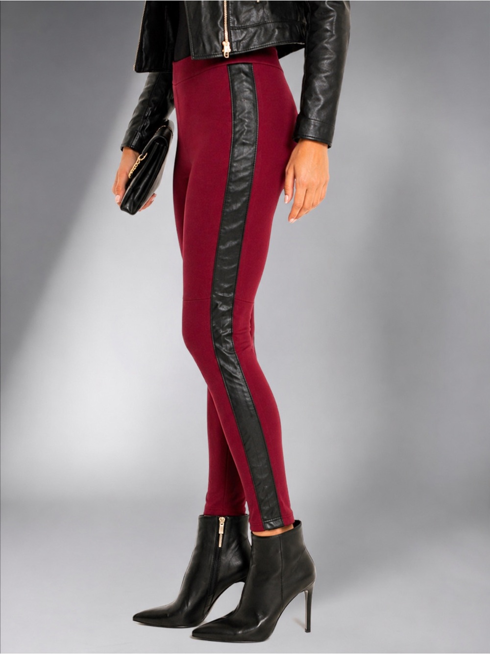 Tinseltown Red Ponte Leggings with Black Faux Leather Trim